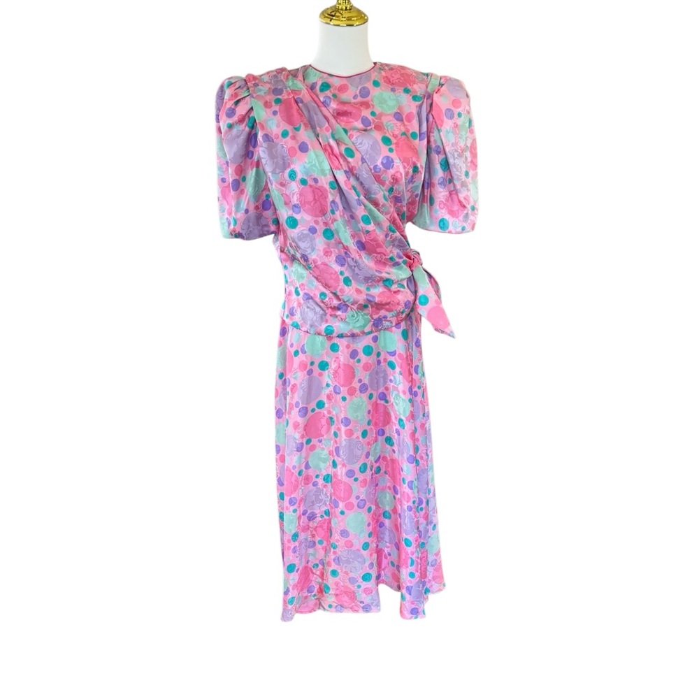 Vintage 80's Flora Kung 100% Silk Floral Dress 4 Pink & Green Wrap Midi Sheath